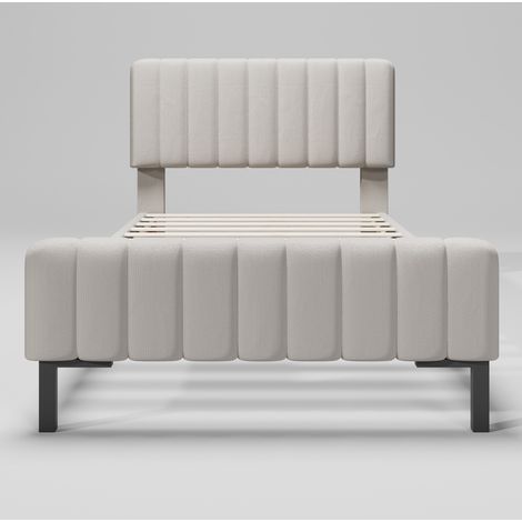 Cama tapizada 90 x 200 cm con somier de láminas, cabecero regulable, lino gris beige, MODENUIT (1/5)