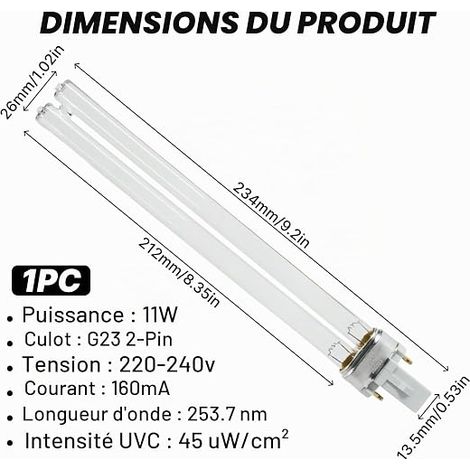11W G23 PLS UVC Replacement Lamp with Inductive Ballast, UV Sterilisation 253.7 Nm, for Pond Clarifiers and UVC Filters, Bacteria and Algae, (1/4)