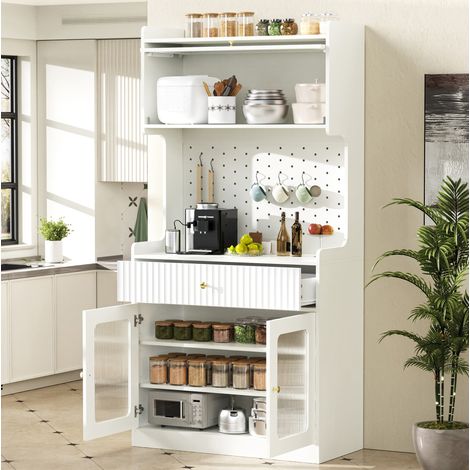 Highboard 80x40x180 cm weiß aus MDF und Holzwerkstoff mit LED, Riffelglas, Schublade und verstellbaren Böden (1/5)