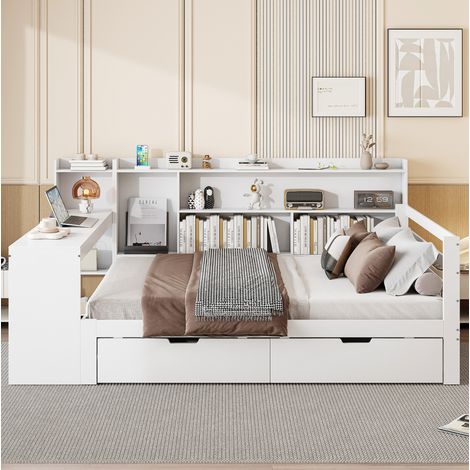 MEUBLIV Lit 140x200 cm blanc – bureau, rangements et prise intégrée, sans matelas (1/5)