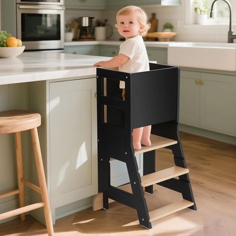 Tour d'apprentissage, avec Tableau, Hauteur réglable, Chaise d'apprentissage pour Cuisine et Salle de Bain, Anti-basculement, Couleur Bois et Noir (1/5)
