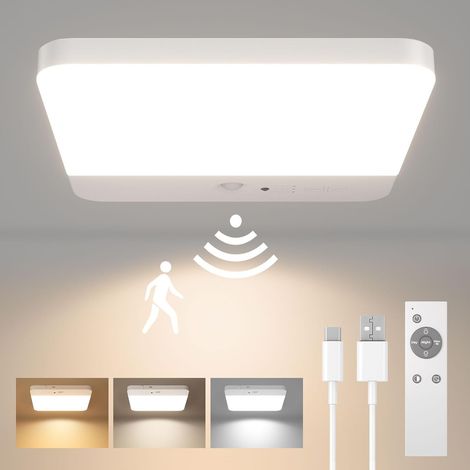 Deckenleuchte mit Bewegungsmelder, kabellose LED-Deckenleuchte, wiederaufladbare Deckenleuchte für Dusche, Badezimmer, Garage, Treppenhaus, 3 Farbtemperaturen, Fernbedienung [Energieklasse A] (1/5)