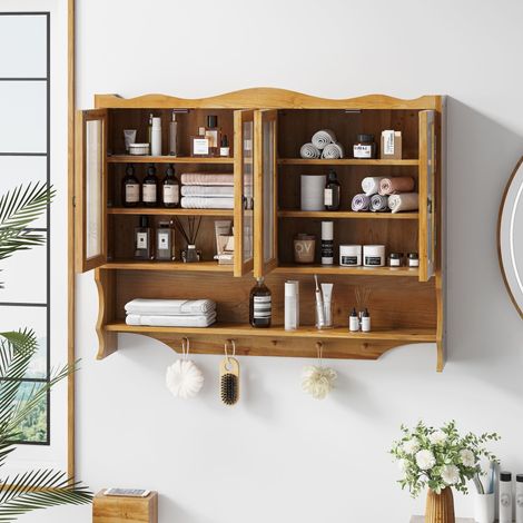 URBAN MEUBLE Benim 100cm Armoire Murale 4 Portes Bois Massif et Verre Naturel – Rangement Suspendu Cuisine Salle de Bain avec Crochets Ouverts (1/5)