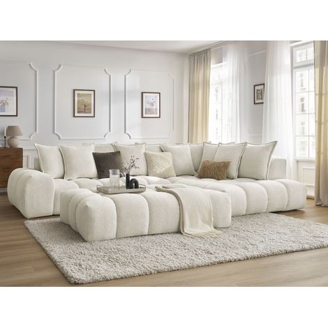 BOBOCHIC - Canapé d'angle fixe EVEREST tissu chiné avec pouf Angle droit Blanc (1/5)
