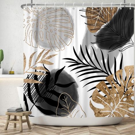 Rideau de douche boho 152x183 cm, palmier noir/or, style mi-siècle, rideaux tropicaux avec crochets