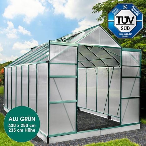 BRAST Gewächshaus Aluminium mit Fundament rostfrei TÜV geprüft 6mm Platten 430x250x235cm Grün