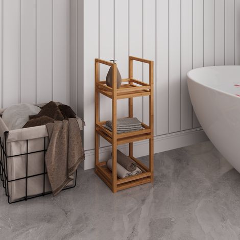 Estantería de baño 70x26x26 cm, 3 niveles, diseño con protección lateral, bambú y MDF color natural (1/5)
