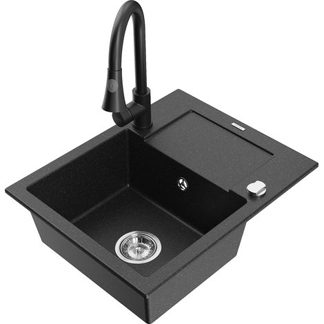 Mexen Enzo fregadero de granito de 1 cubeta con escurridor y grifo de cocina Elia, negro/plateado met谩lico - 6506-73-670101-70