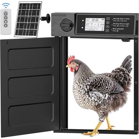 Automatische Hühnerstalltür mit Solarantrieb, 7-W-Solarpanel, LCD-Bildschirm, Lichtsensor, Timer und Einklemmschutz.