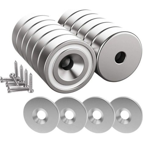 12 pièces Aimants en néodyme 10 KG force 20 x 7 mm avec trou et capsule, aimant en pot fraisé avec vis et 12 coussins en acier (Ar