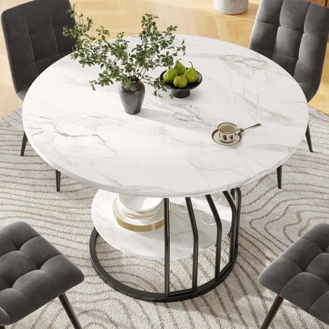 Table à manger ronde – 80×80×76 cm – Plateau MDF motif marbre noir – Petit plateau de rangement central – Pieds réglables – Charge max 60 kg – Idéal pour cuisine, salle à manger et salon (1/5)