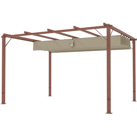 Gazebo Pergola avec Toit Rétractable, Piquets et Vis, en Polyester et Aluminium, 382x300x232 cm, couleur Bois (1/5)