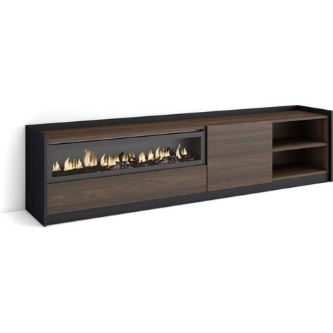 Mueble TV Manilva-02 de 207x50x37 cm con chimenea eléctrica, color roble oscuro y negro (1/4)