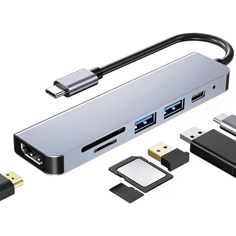 Hub USB-C 6 in 1 con ricarica PD da 100 W, adattatore multiporta con porte USB 3.0 e 2.0, HDMI 4K@30Hz, lettura schede SD/TF, adattatore HDMI USB-C per MacBook Pro/Air/Dell XPS Plus (1/5)