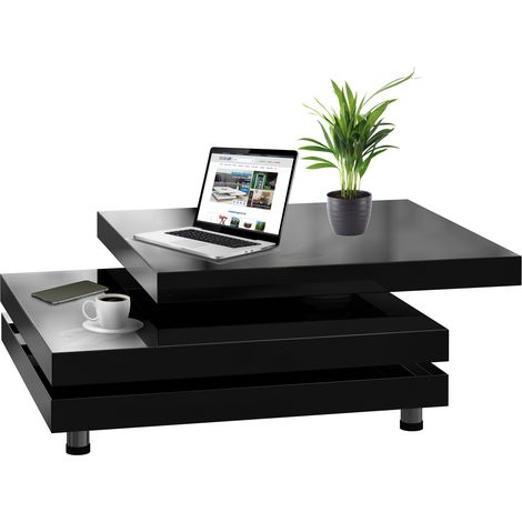 CASARIA® Coffee Table  High Gloss Finish  360° Rotatable  Height Adjustable Feet  Square Cube Living Room Side  76x76cm  Black (1/5)