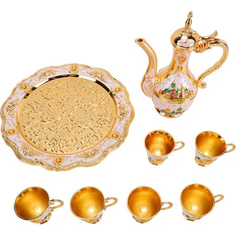 Service à thé turc vintage avec plateau et cafetière 6 tasses, service à vin décoratif pour la maison et les fêtes, or et blanc. (1/5)