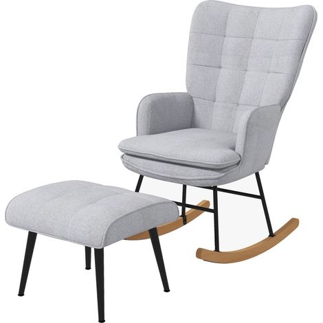 Schaukelstuhl Schwingsessel mit Hocker, Armlehnsessel, Relaxsessel mit Leinenoptik, Schaukelsessel bis 130 kg Belastbarkeit, Hellgrau