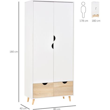 Armoire en bois à deux portes, une étagère, une penderie, deux tiroirs (avec poignées sculptées), blanche, 80 x 40 x 180 cm (1/5)