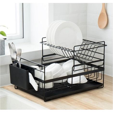 Egouttoir Vaisselle Double Niveau Couverts Cuisine Rangement Métal chromé - Noir (1/5)
