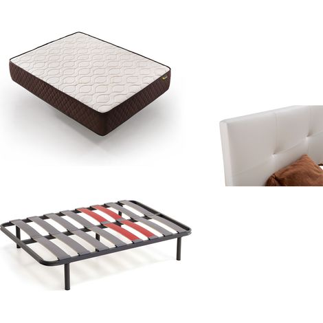 Pack Colchón + Cabecero Tapizado + Somier Descansin 160x190 Blanco Ideal para Personas con Dolores de Espalda Facil montaje Silencioso