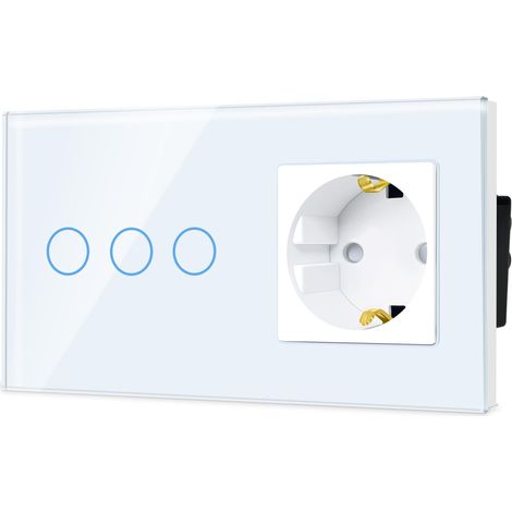 Interrupteur avec combinaison de prises, interrupteur tactile UE 3 compartiments 1 voie, verre cristal, fiche type F, prise Schuko, prise 16 A, 157 x 86 mm (1/5)