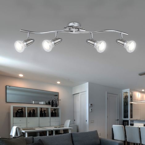Lampada da soffitto, faretto a barra, luce da soggiorno, faretti a 4 fiamme, orientabili, nichel cromato opaco, vetro satinato, LED 4W 250Lm bianco caldo, 70x23x17cm