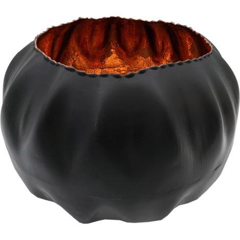 Metall Kerzenschale 20 cm - schwarz matt / innen kupfer - Windlicht im orientalischen Design - Tisch Deko Laterne Kerzen Halter Lichtschale marokkanisch