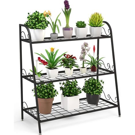 COSTWAY 3-stufiger Metall Pflanzenstaender, Multifunktionales Pflanzenregal Ausstellungsregal für drinnen & draussen, Pflanzregal Blumentopfregal mit verstellbaren Füssen für Terrasse Garten Balkon (1/5)