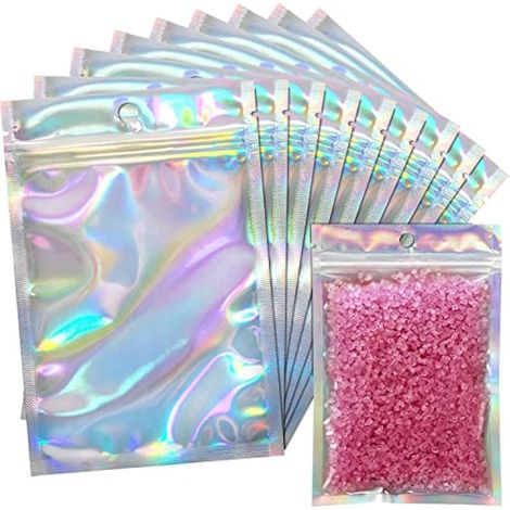 100 sachets zip en aluminium holographiques 10 x 15 cm, double face métallisé, plats, étanches aux odeurs, pour cadeaux de fête, bijoux, bonbons, biscuits