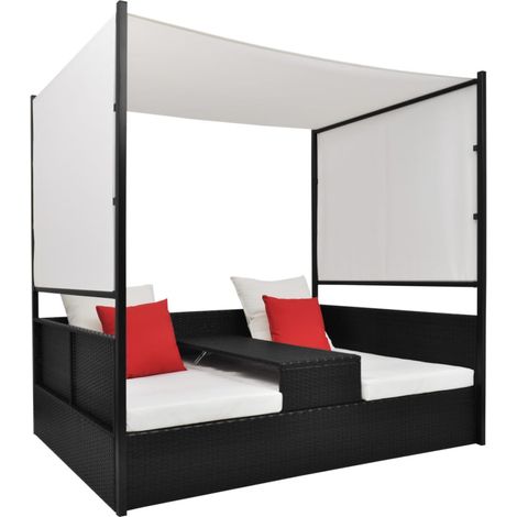 Gartenbett mit Baldachin Schwarz 190×130 cm Poly Rattan