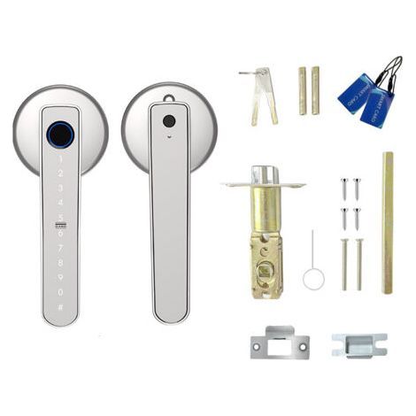 Serrure de porte intelligente à empreintes digitales avec 2 clés mécaniques et 2 cartes IC,déverrouillage par application Tuya,blanc-Chrom (1/5)