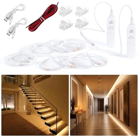 Ruban LED avec Détecteur Mouvement et Capteur Lumière, Batterie Rechargeable, sous Armoire Pour Escaliers, Cuisine, 5M, Blanc Chaud 2700K (1/5)