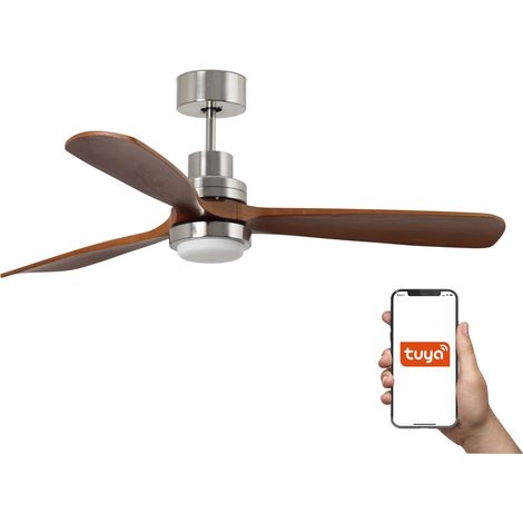 Faro Lantau Ventilateur de plafond XL à 3 pales, nickel satiné et noyer, avec éclairage 3 000 K, système intelligent Tuya (1/4)