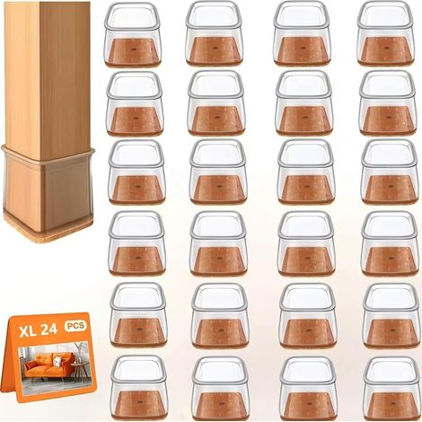 Lot de 24 Capuchons Carrés de pieds de chaise en silicone transparent avec feutre, pour 38-55 mm, protection pour sols (1/5)