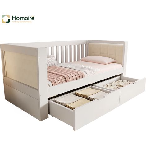 Cadre de lit blanc en tissu avec rangement et accoudoirs 208 x 95 x 74 cm HOMAIRE (1/5)