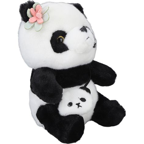 Coussin en peluche panda mignon, doux, confortable et lavable, peluche panda réaliste avec décoration florale, 25 cm (1/5)