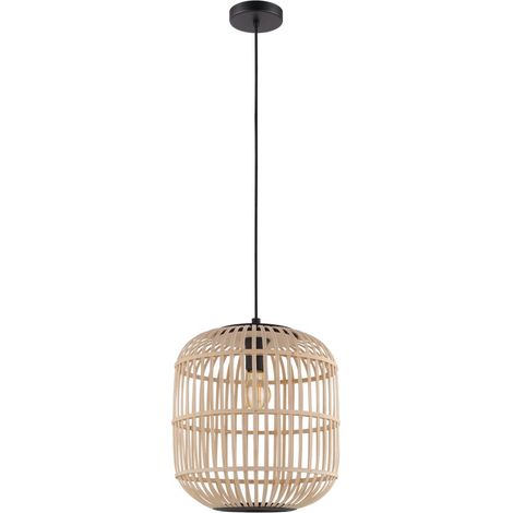 Lámpara colgante Eglo Bordesley 28W Forma Cilíndrica Ø 35 cm. Salón y comedor. Estilo rústico, retro y vintage. Acero y Madera. Color negro y natural (1/2)