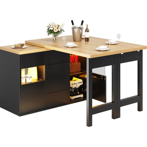 Îlot de cuisine pivotant 360° avec LED RGB pilotée par application, 4 tiroirs, portes vitrées et longueur 120 à 197 cm, noir - CHICFURN (1/5)