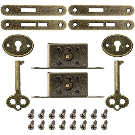 Jiozermi Lot de 2 mini verrous avec clé squelette, verrous à mortaise, verrous antiques pour boîte à bijoux, boîte à vin et armoire, bronze (1/5)