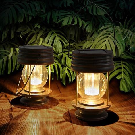 Lanterne solaire extérieure étanche IP44 – Lot de 2 lanternes suspendues vintage LED – Lumière chaude pour jardin et patio – Résistante aux intempéries (1/5)