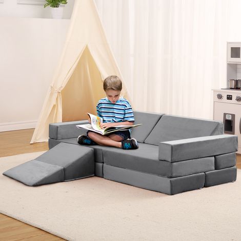 Canapé modulable pour enfant en mousse – Sofa de jeu créatif, blocs de construction lavables, mobilier méthode éducative idéal pour chambre ou salle de jeux – 12/13 pièces – Gris (1/5)