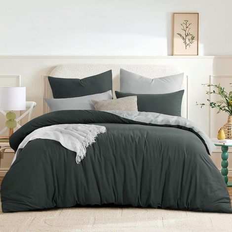 Linge de lit 220x240 3 pièces Anthracite/Gris Microfibre avec fermeture éclair et fixation couette