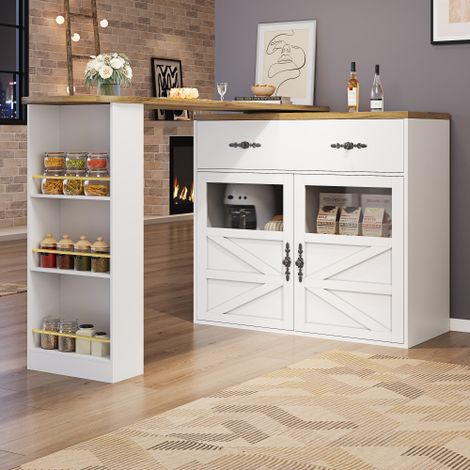 Tavolo da bar estensibile, tavolo da pranzo girevole a 360° con ripiani, bianco (138-204 × 39 × 104 cm)
