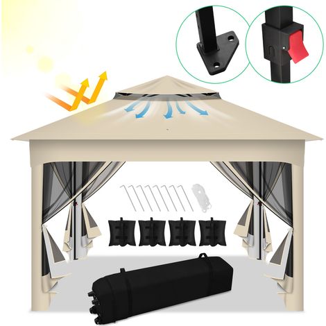 Randaco Faltpavillon Pop-up 3,3×3,3 m Gartenpavillon Pavillon mit Moskitonetz & UV-Schutz – Schnellaufbau Sonnenschutz Pavillon mit doppelt belüftetem Dach, inkl. Tragetasche & Sandsäcke, Beige (1/5)