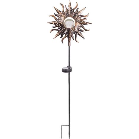 Solar-Gartenleuchte, Solar-Außenlaternenpfosten, mondförmige Kugel aus Crackle-Glas, Metallstab, wasserdichte warmweiße LED, für Rasen, Hof oder Terrasse (Skelett-Sonne) (1/5)