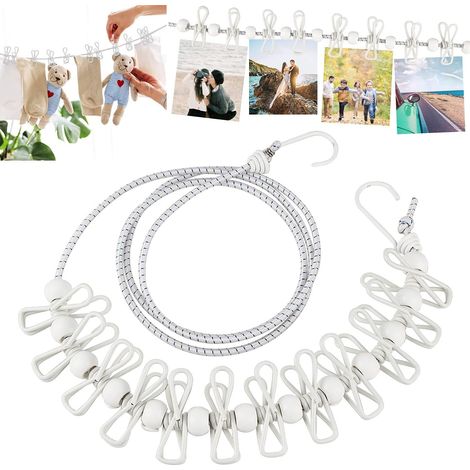 Corde à Linge, Portable élastique Ajustable Rétractable Corde à Linge extérieure de Camping avec Clips et Boucles de Positionnement, pour Les Voyages en plein Camping, Blanc