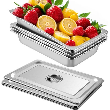 Bac gastro inox avec couvercle, plat à four alimentaire 53,7x33x9,5 cm, lot de 4 pour cuisine et restaurant (1/5)