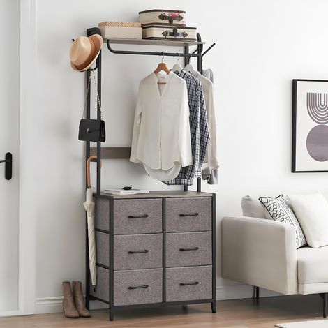 Grand capacité de Rangement – Commode à 6 tiroirs pour Chambre – Structure métal Robuste – Plateau Bois élégant – avec penderie, 4 Crochets latéraux – Idéale pour vêtements et Accessoires-40x78x191 cm (1/5)