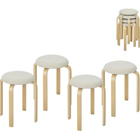 Set de 4 tabourets empilables ronds en bois avec assise en tissu lin crème, 40x40x45 cm (1/5)