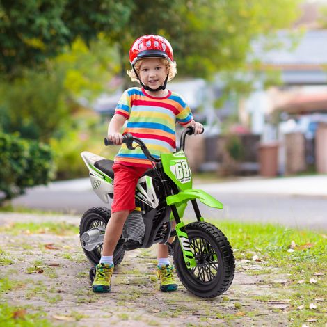 Motocicleta eléctrica AIYAPLAY para niños, bicicleta de cross para niños de 3 a 6 años, 2 motores de 12 V, velocidad máxima de 5 km/h, verde.